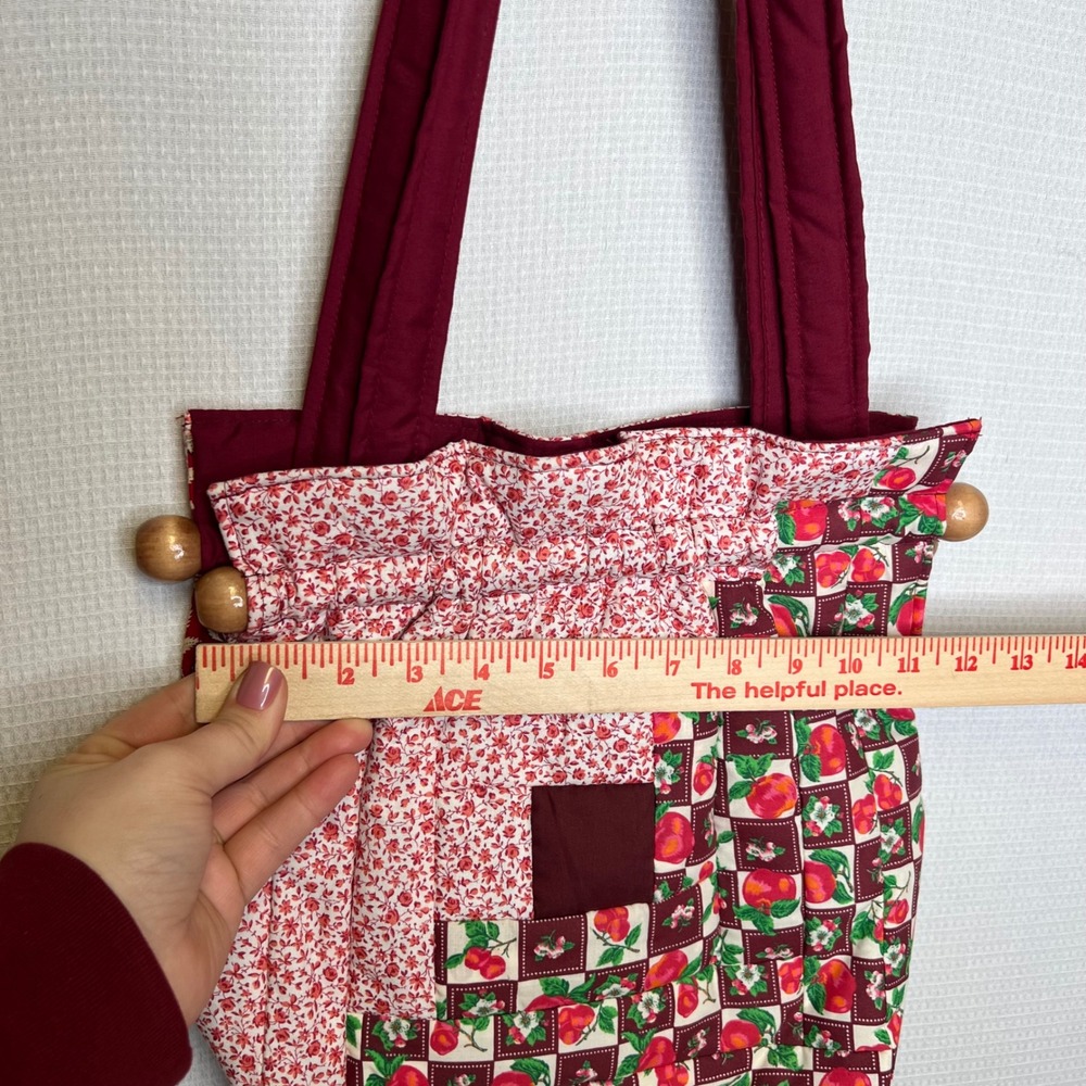 Handmade Quilted Patchwork Tote Bag Burgundy Floral Fruit Log Cabin Wood Beads - Picture 7 of 7